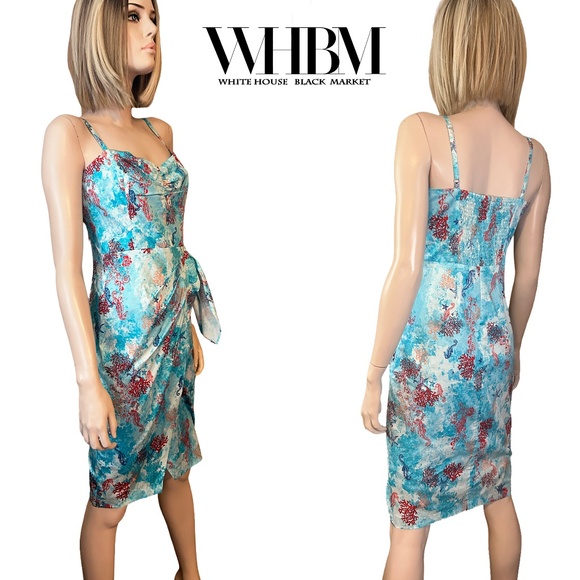 WHBM Breezy Cotton Faux Wrap Dress Ruch Lined Shirred Sexy Pleated Waist Detail - Picture 1 of 15